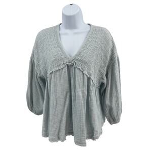 Attar'd State Cropped Sleeve Shirt Ruffle Trim Womens S Light Blue Peplum V-neck